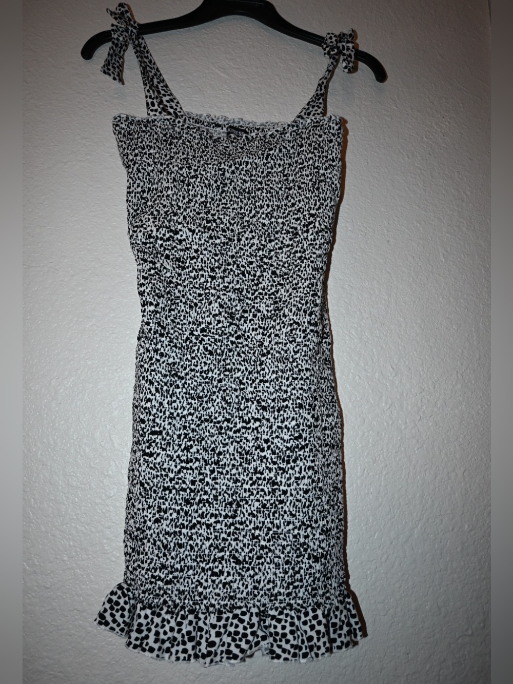 Express Black & White Leopard Polka Dot Smocked Tie Strap Mini Dress M